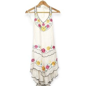 Sue Wong White Linen Floral Embroidery Scalloped Halter Midi Dress